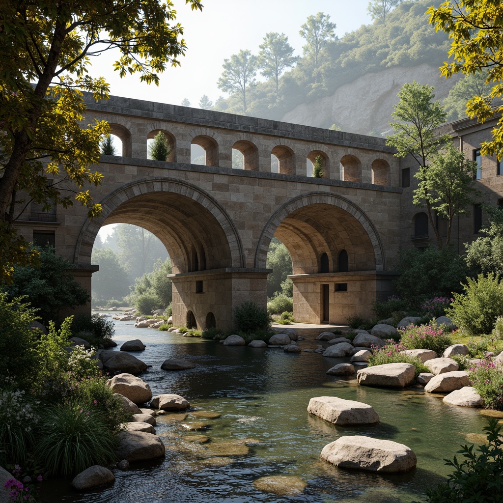 Prompt: Rustic stone bridges, arched structures, robust masonry, weathered brick facades, ornate stonework, sturdy piers, majestic arches, rough-hewn stones, earthy tones, natural textures, dramatic lighting, misty atmosphere, serene water flow, tranquil riverbanks, lush greenery, vibrant wildflowers, warm sunny day, soft diffused light, shallow depth of field, 3/4 composition, realistic stone details, ambient occlusion.