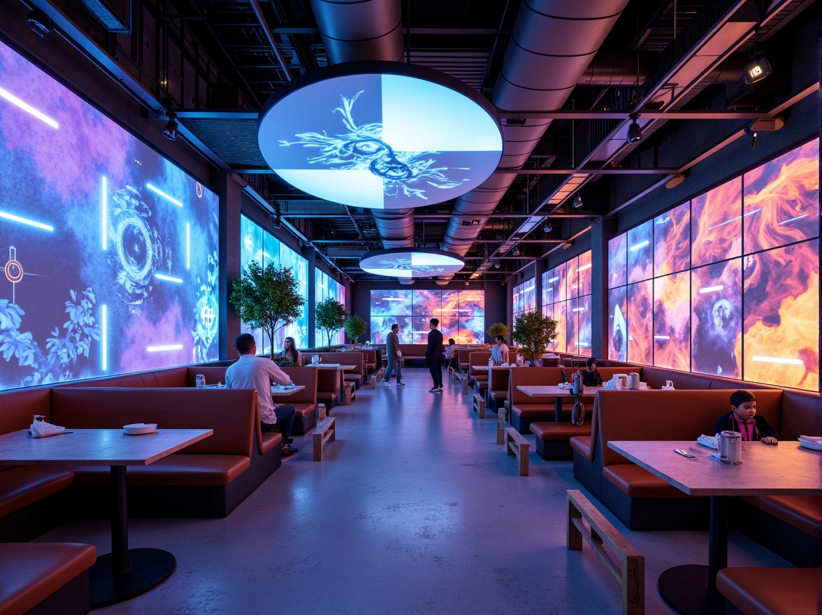 Prompt: Futuristic dining hall, neon-lit ambiance, holographic projections, LED ceiling installations, fiber-optic chandeliers, iridescent color schemes, metallic accents, minimalist tables, sleek chairs, ambient glow, soft pulsing lights, 3D-printed fixtures, parametric design, algorithmic patterns, cyberpunk-inspired decor, virtual reality experiences, augmented reality interactions, futuristic materials, electro-luminescent walls, kinetic sculptures, dynamic lighting systems, immersive atmosphere, high-tech gadgetry, sci-fi elements.