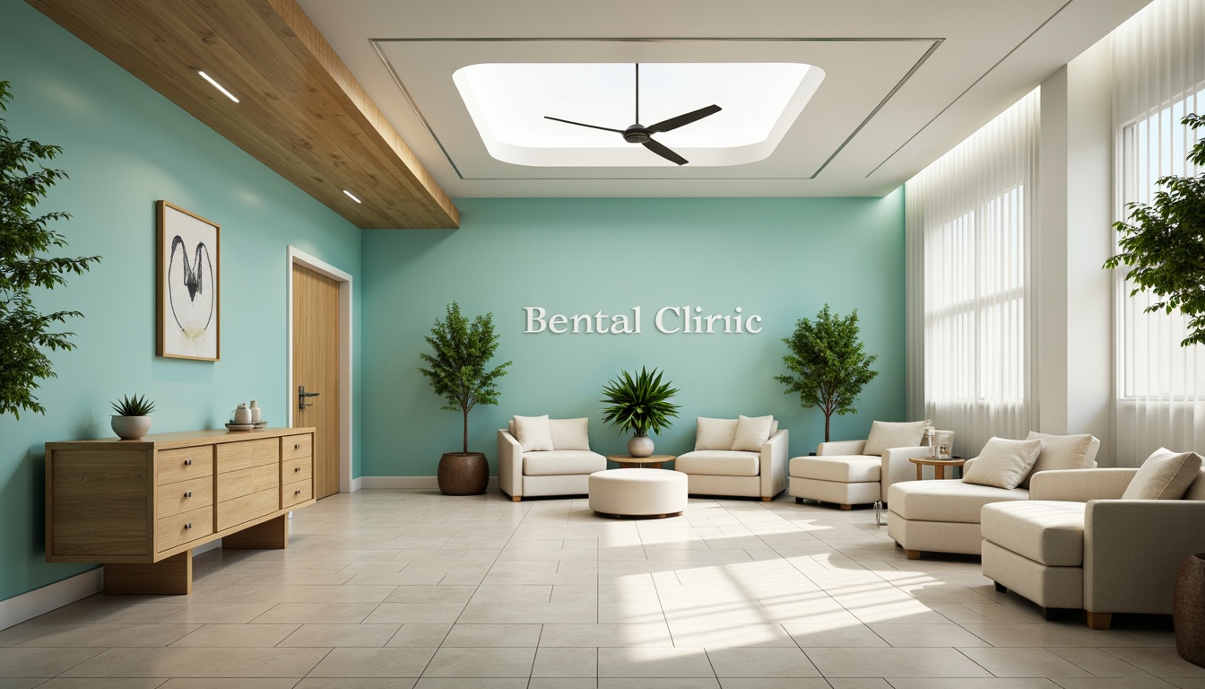 Prompt: Calming dental clinic, soothing blue-green color scheme, creamy whites, warm beige tones, natural wood accents, gentle curves, minimalist decor, modern medical equipment, sleek stainless steel surfaces, comfortable waiting area, lush green plants, soft overhead lighting, shallow depth of field, 1/1 composition, realistic textures, ambient occlusion.