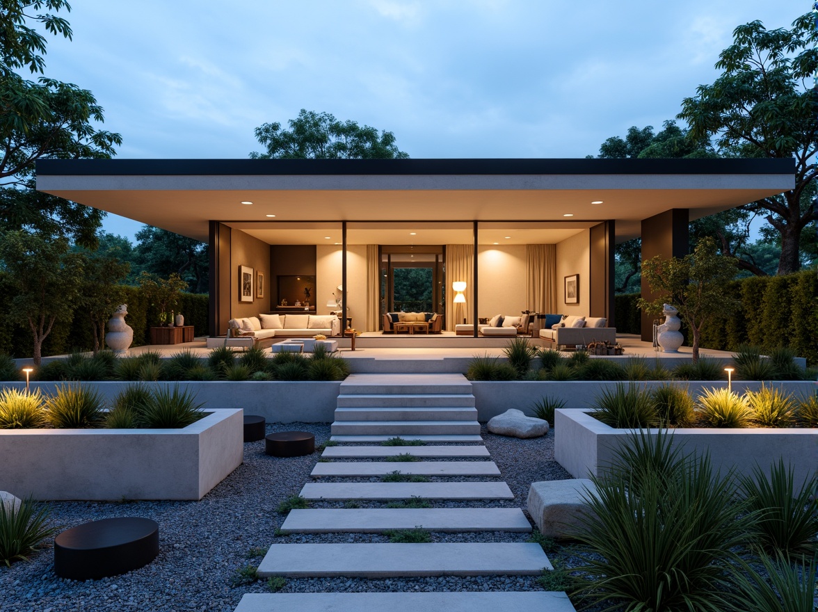 Prompt: Minimalist villa, clean lines, rectangular forms, functional gardens, industrial materials, exposed concrete, steel beams, large windows, sliding glass doors, abstract sculptures, geometric planters, succulent plants, gravel pathways, modern outdoor lighting, warm ambient glow, shallow depth of field, 2/3 composition, symmetrical framing, high-contrast textures, subtle color palette.