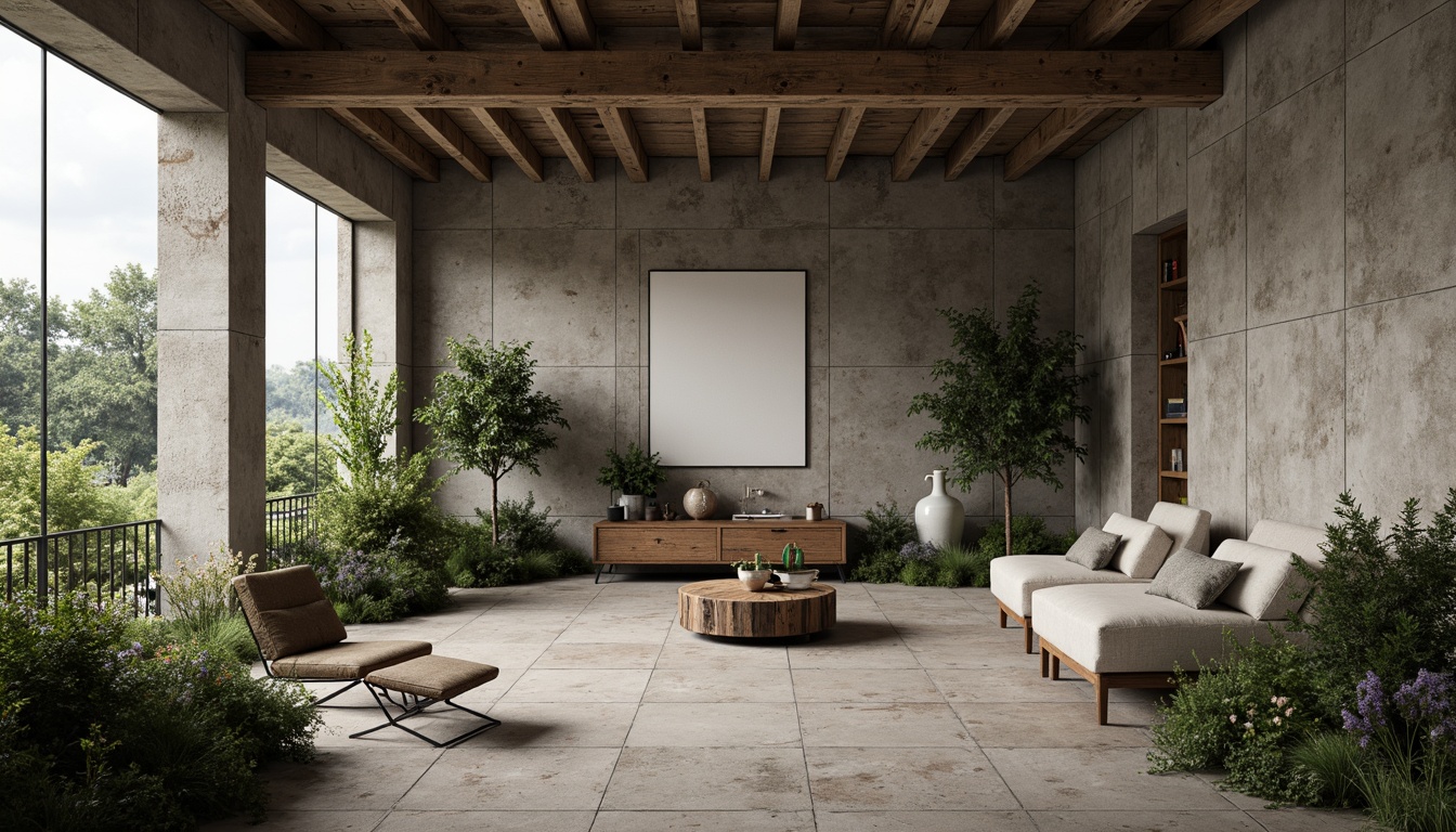 Prompt: Exposed concrete walls, rugged stone floors, industrial metal beams, brutalist architecture, raw unfinished textures, earthy tone color palette, muted greenery, weathered wood accents, functional minimalist decor, utilitarian furniture, cold harsh lighting, dramatic shadows, 1/1 composition, high contrast ratio, realistic material rendering, ambient occlusion.