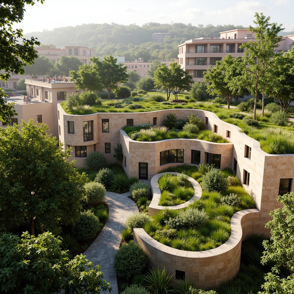 Prompt: Vibrant green roofs, lush vegetation walls, natural stone facades, earthy tone buildings, sustainable materials, eco-friendly design, organic shapes, curved lines, minimal ornamentation, calming atmosphere, soft diffused lighting, warm beige tones, moss-covered surfaces, reclaimed wood accents, living walls, breathing buildings, harmonious integration with nature, serene ambiance, 1/1 composition, realistic textures, ambient occlusion.