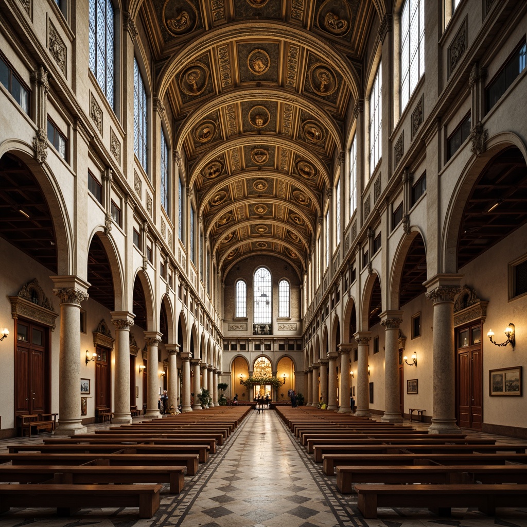 Prompt: Grand cathedral, symmetrical facade, ornate stone carvings, stained glass windows, vaulted ceilings, intricate mosaics, golden domes, classical columns, arches, pediments, grand entrance, marble floors, solemn atmosphere, soft warm lighting, shallow depth of field, 1/1 composition, central perspective, realistic textures, ambient occlusion.