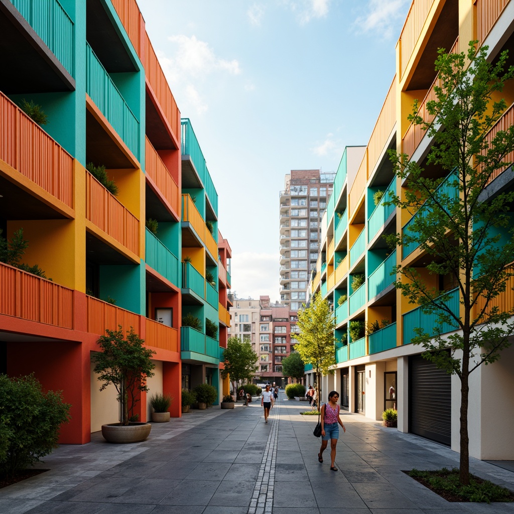 Prompt: Vibrant social housing complex, warm earthy tones, rich turquoise accents, bold yellow highlights, soft creamy whites, industrial metal frames, exposed concrete walls, modern minimalist architecture, urban cityscape backdrop, bustling community atmosphere, natural light pouring in, shallow depth of field, 1/1 composition, cinematic color grading, realistic textures, ambient occlusion.