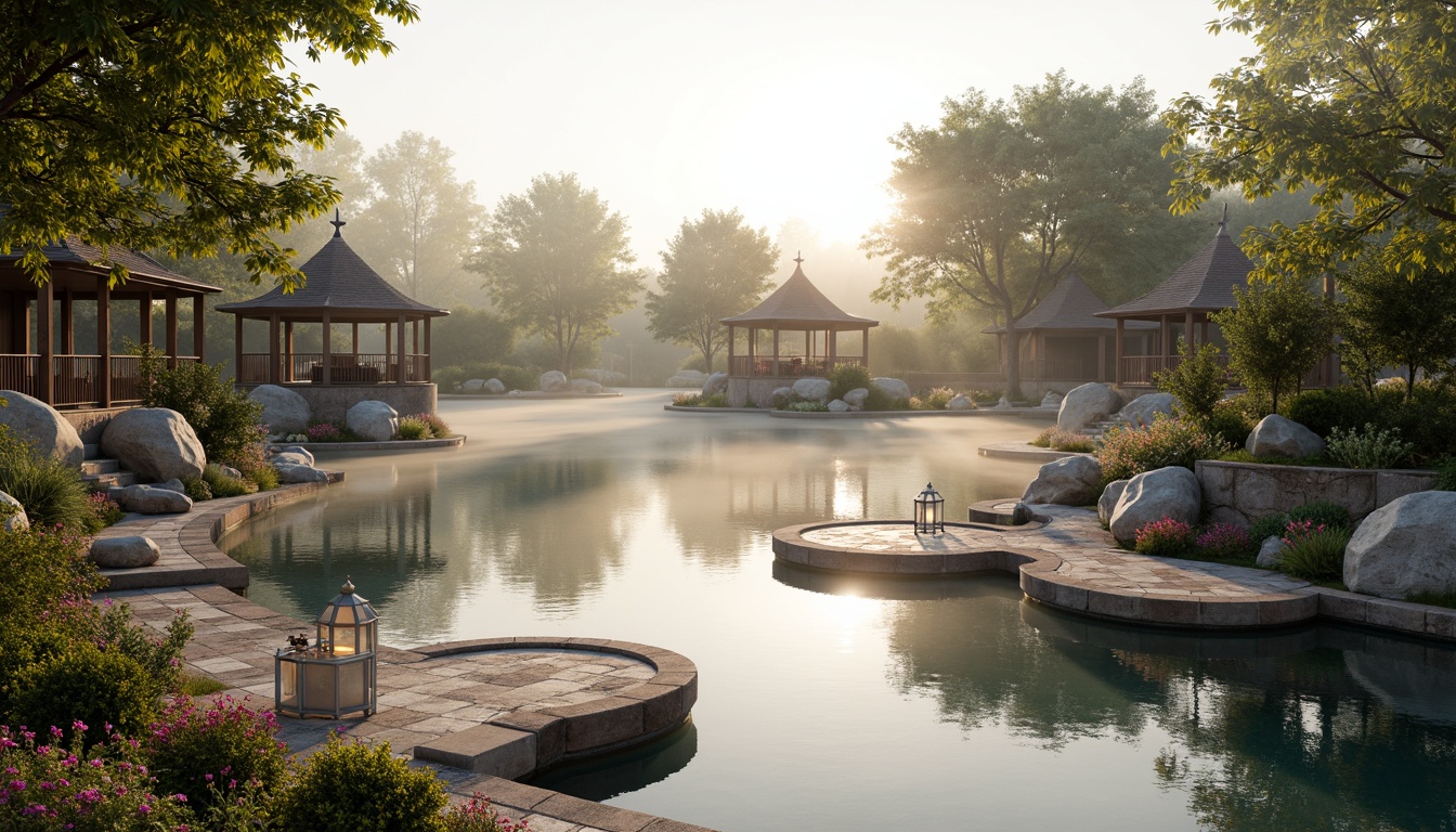 Prompt: Soft misty lake, serene water reflections, lush greenery, vibrant flowers, rustic wooden docks, weathered stone walls, charming gazebos, ornate metal railings, whimsical lanterns, warm golden lighting, shallow depth of field, 3/4 composition, panoramic view, realistic textures, ambient occlusion, earthy tone color palette, moss-covered stones, driftwood accents, soft blue-grey hues, creamy whites, warm beige tones, natural stone pathways, meandering boardwalks, tranquil atmosphere.