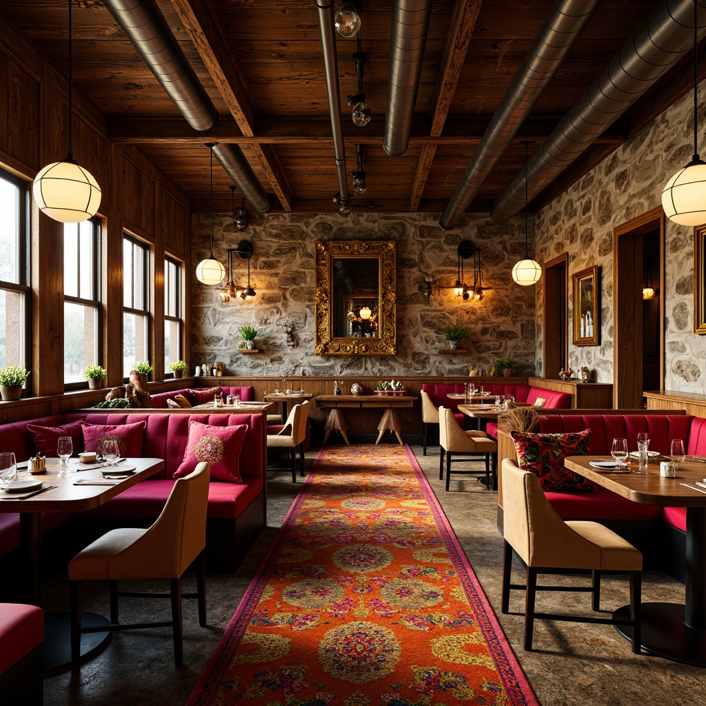 Prompt: Vibrant restaurant interior, rich wood textures, ornate metal fixtures, luxurious velvet fabrics, bold colorful patterns, eclectic decorative accents, distressed stone walls, reclaimed wooden tables, vintage industrial lighting, warm golden tones, dramatic shadows, high contrast ratio, cinematic composition, shallow depth of field, 1/2 camera angle, expressionist brushstrokes, abstract geometric shapes.