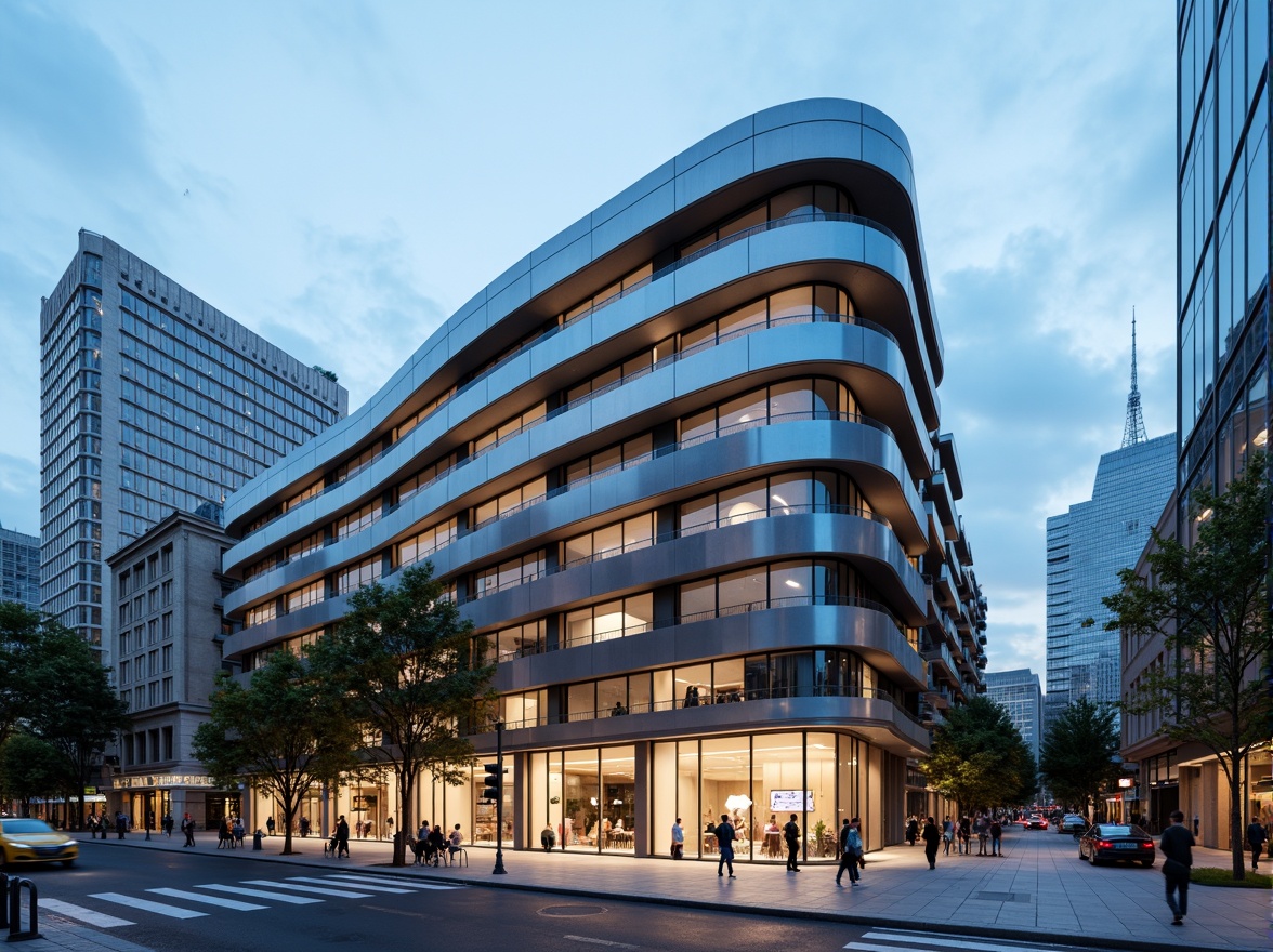 Prompt: Curved building facade, metallic materials, polished chrome accents, horizontal lines, minimalist ornamentation, rounded corners, large windows, sliding glass doors, urban cityscape, busy streets, modern skyscrapers, cloudy blue sky, soft natural lighting, shallow depth of field, 2/3 composition, symmetrical balance, realistic reflections, ambient occlusion.