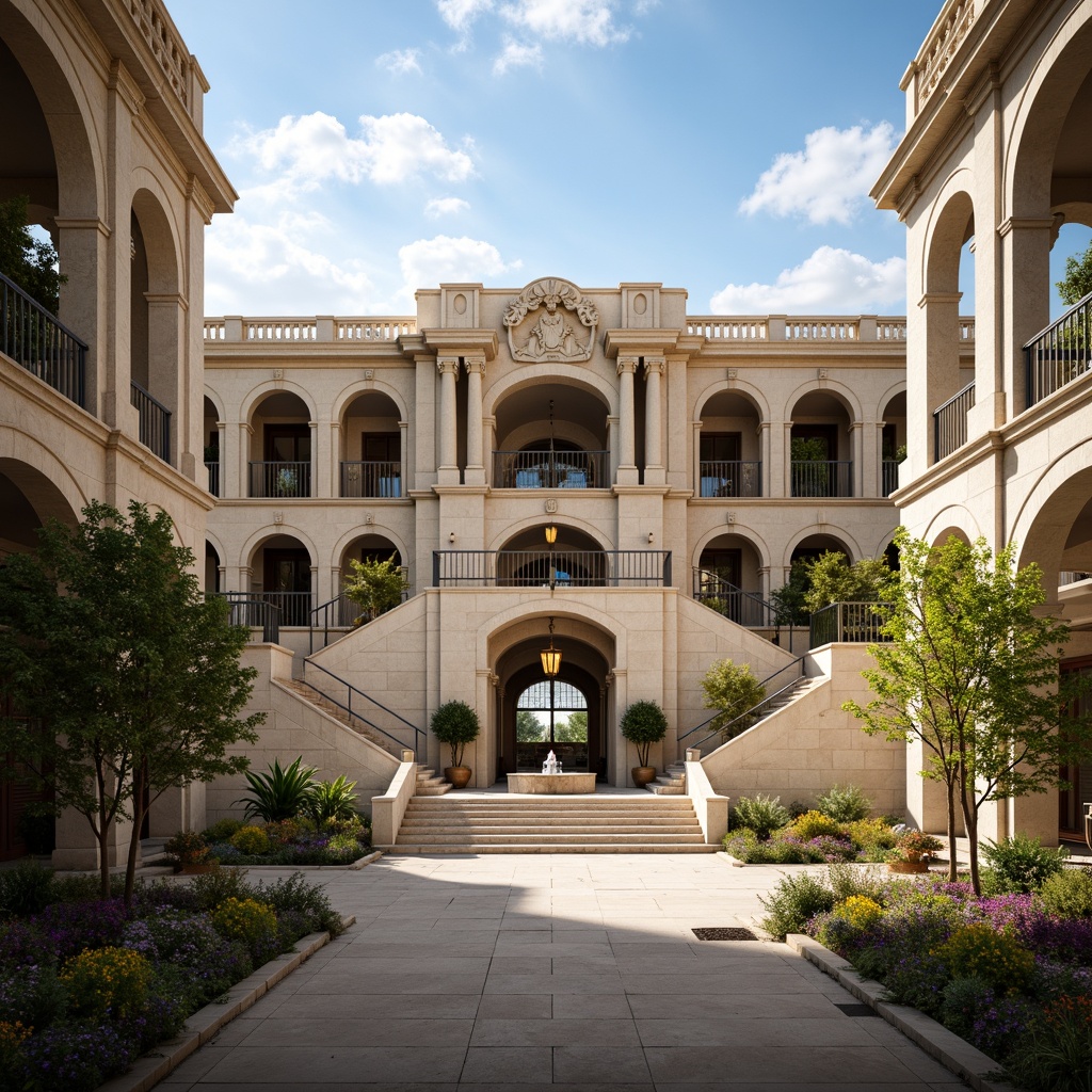 Prompt: Grandiose stadium facade, classical columns, ornate arches, majestic entrance gates, symmetrical composition, limestone walls, marble accents, golden details, regal balconies, sweeping staircases, grand chandeliers, elegant fountains, lush greenery, vibrant flowers, sunny day, soft warm lighting, shallow depth of field, 3/4 composition, panoramic view, realistic textures, ambient occlusion.