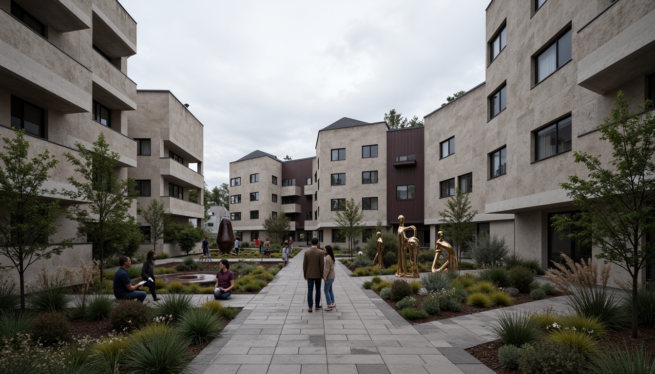 Prompt: Rugged university campus, brutalist architecture, raw concrete facades, fortress-like buildings, geometric shapes, industrial materials, metallic accents, bold color schemes, abstract sculptures, urban landscape, overcast sky, dramatic shadows, high-contrast lighting, 1/1 composition, symmetrical framing, realistic textures, ambient occlusion.