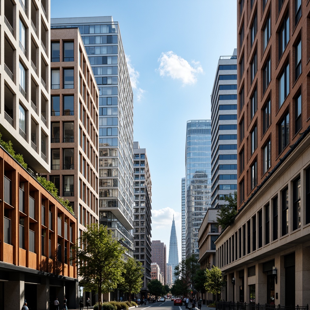 Prompt: Vibrant cityscape, modern skyscrapers, bold color blocking, contrasting hues, harmonious palettes, monochromatic schemes, warm beige tones, cool blue accents, neutral gray backgrounds, rich wood textures, metallic reflections, glass facades, urban landscapes, bustling streets, pedestrian zones, dynamic lighting effects, dramatic shadows, atmospheric perspective, 1/2 composition, cinematic view, realistic renderings, ambient occlusion.