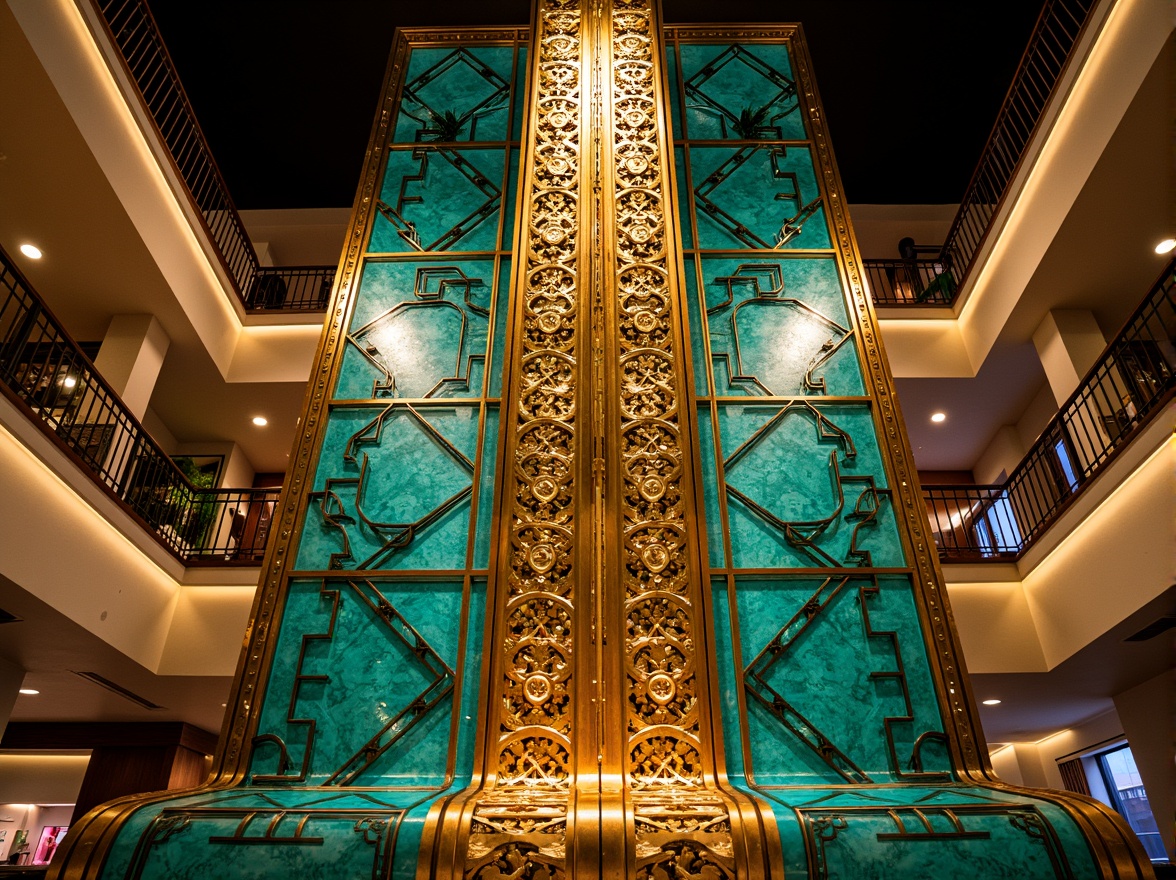 Prompt: Opulent Art Deco monument, lavish golden accents, rich bronze tones, vibrant turquoise mosaics, geometric patterns, ornate metalwork, luxurious marble surfaces, bold black outlines, stylized floral motifs, sunburst designs, zigzag patterns, metallic sheen, warm ambient lighting, shallow depth of field, 1/1 composition, symmetrical framing, high-contrast colors, intricate textures, realistic reflections.