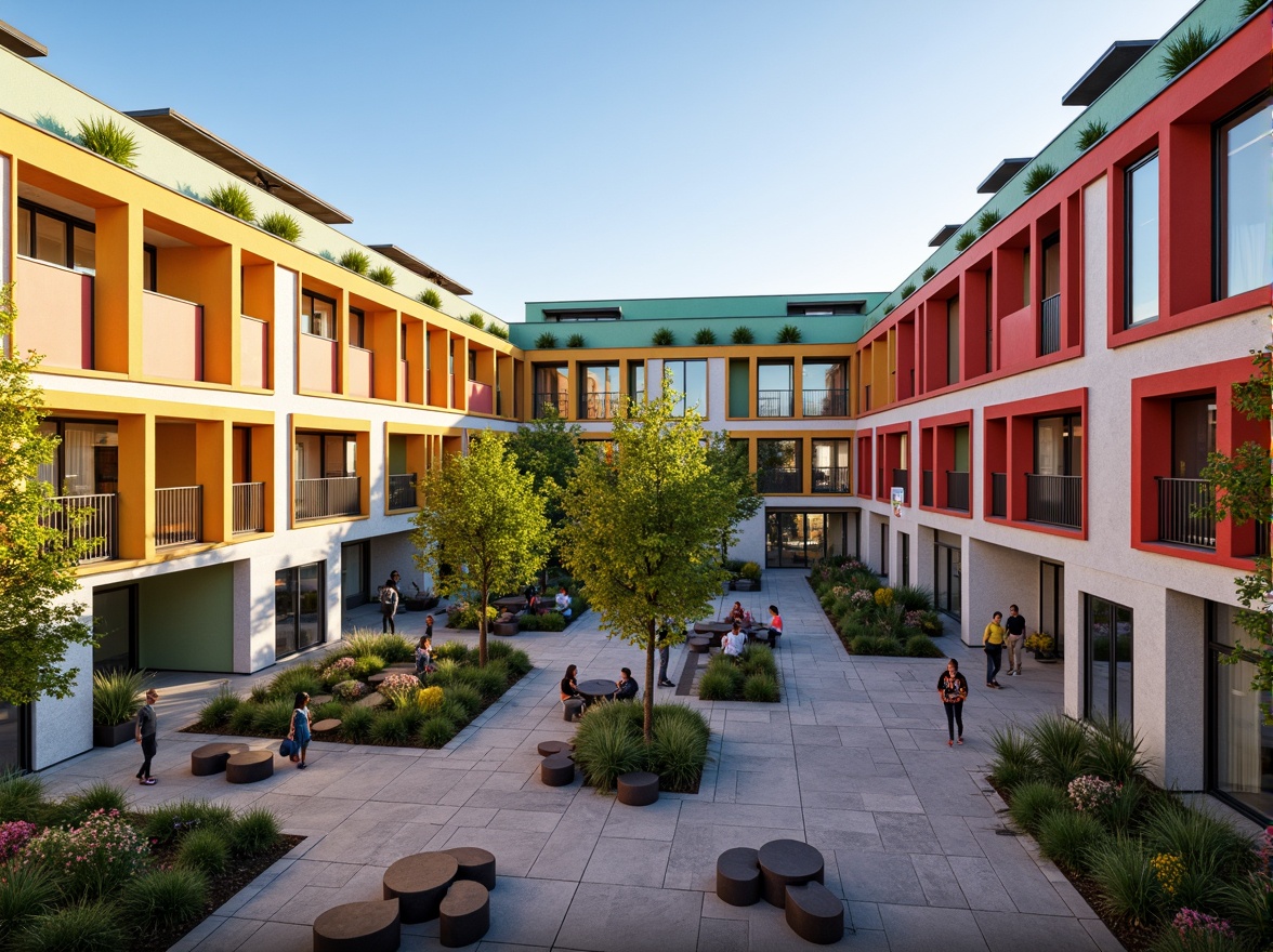 Prompt: Vibrant student dormitory, modern facade design, bold color blocking, large windows, natural stone cladding, metal railings, green roofs, solar panels, outdoor seating areas, landscaped courtyards, pedestrian walkways, bike racks, communal kitchens, cozy lounges, minimalist decor, soft warm lighting, shallow depth of field, 3/4 composition, panoramic view, realistic textures, ambient occlusion.