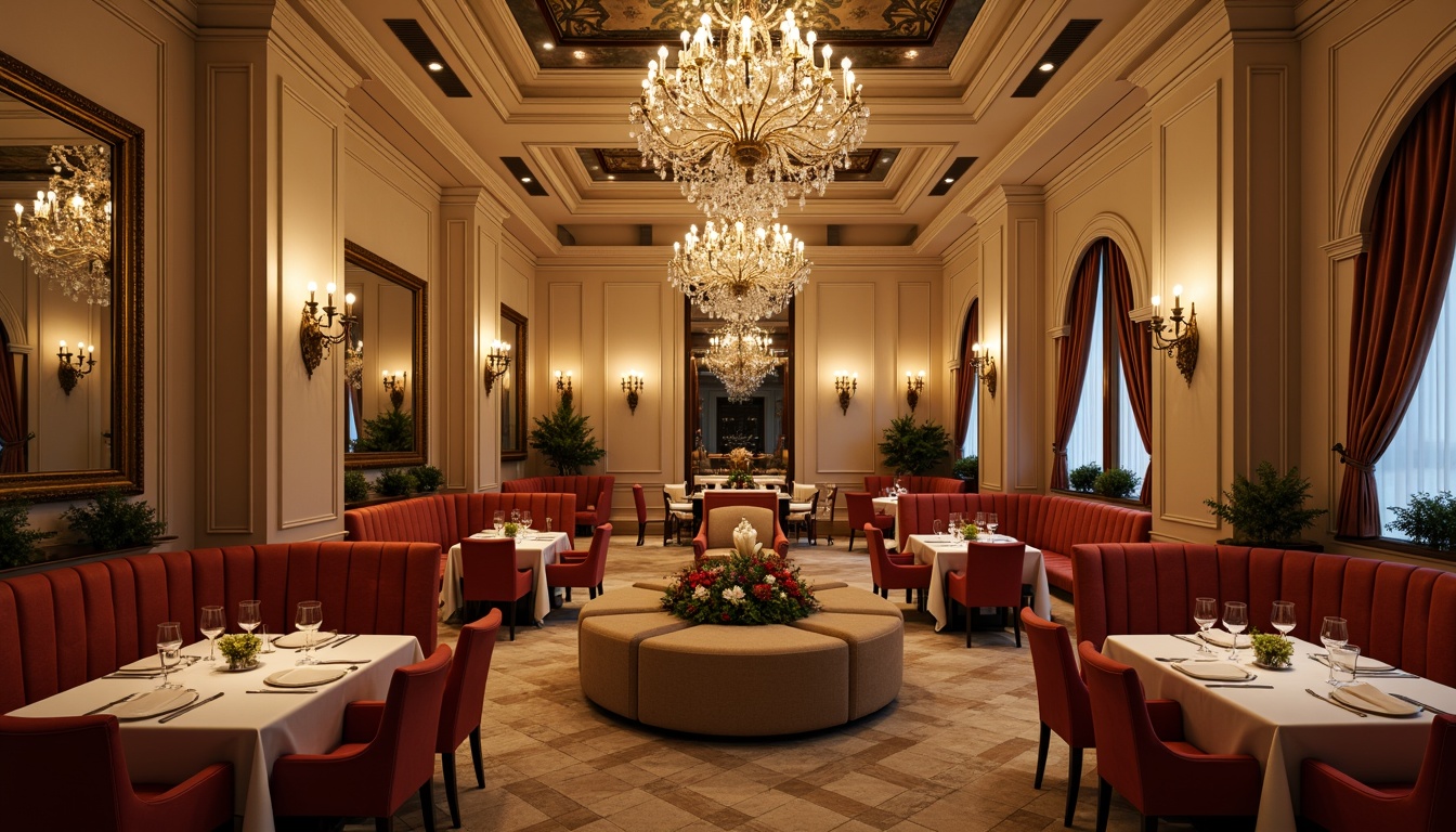 Prompt: Elegant dining hall, luxurious chandeliers, rich wood tones, warm beige walls, soft cream accents, velvety red upholstery, golden metal fixtures, sophisticated neutral colors, intimate candlelight, dramatic high ceilings, ornate mirrors, lavish furnishings, opulent fabrics, refined atmosphere, warm inviting ambiance, shallow depth of field, 1/1 composition, realistic textures, ambient occlusion.