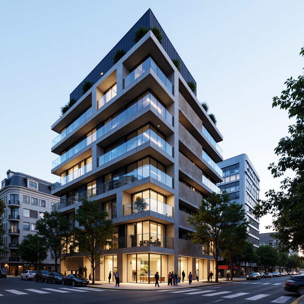 Prompt: Modern apartment building, international style facade, sleek glass balconies, minimalist railings, neutral color palette, clean lines, rectangular forms, urban cityscape, bustling streets, contemporary architecture, floor-to-ceiling windows, sliding glass doors, natural stone cladding, metallic accents, subtle LED lighting, shallow depth of field, 1/1 composition, realistic reflections, ambient occlusion.