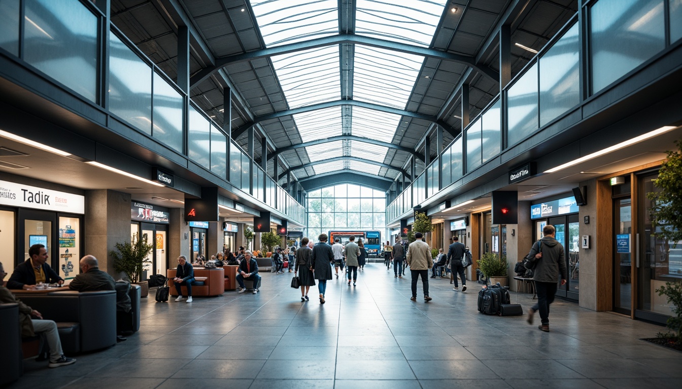 Prompt: Modern bus station interior, sleek metal framework, glass roofs, natural light pouring in, efficient passenger flow, clear signage, digital displays, comfortable seating areas, ample legroom, charging stations, minimalist decor, industrial-style flooring, urban atmosphere, busy morning commute, soft overhead lighting, shallow depth of field, 1/1 composition, realistic textures, ambient occlusion.