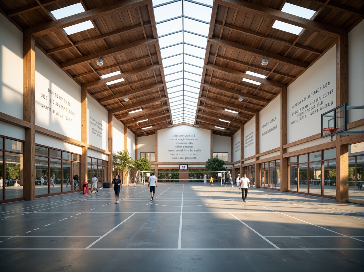 Prompt: Modern gymnasium interior, high ceilings, natural ventilation, clerestory windows, solar tubes, energy-efficient LED lighting, recycled rubber flooring, eco-friendly paint, sustainable materials, minimalist design, open spaces, athletic equipment, basketball courts, volleyball nets, exercise machines, mirrored walls, motivational quotes, bright color schemes, soft warm lighting, shallow depth of field, 3/4 composition, panoramic view, realistic textures, ambient occlusion.