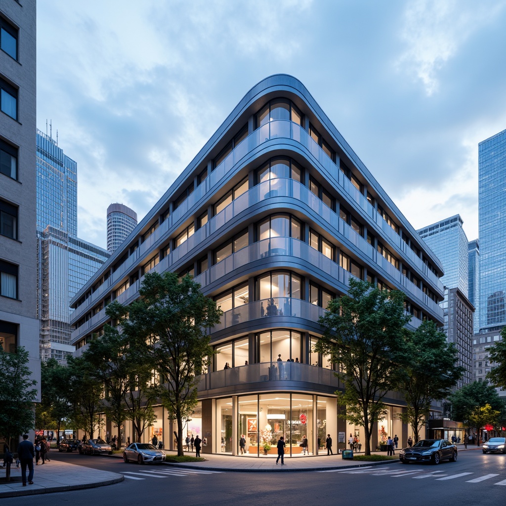 Prompt: Curved building facade, metallic materials, polished chrome accents, horizontal lines, minimalist ornamentation, rounded corners, large windows, sliding glass doors, urban cityscape, busy streets, modern skyscrapers, cloudy blue sky, soft natural lighting, shallow depth of field, 2/3 composition, symmetrical balance, realistic reflections, ambient occlusion.