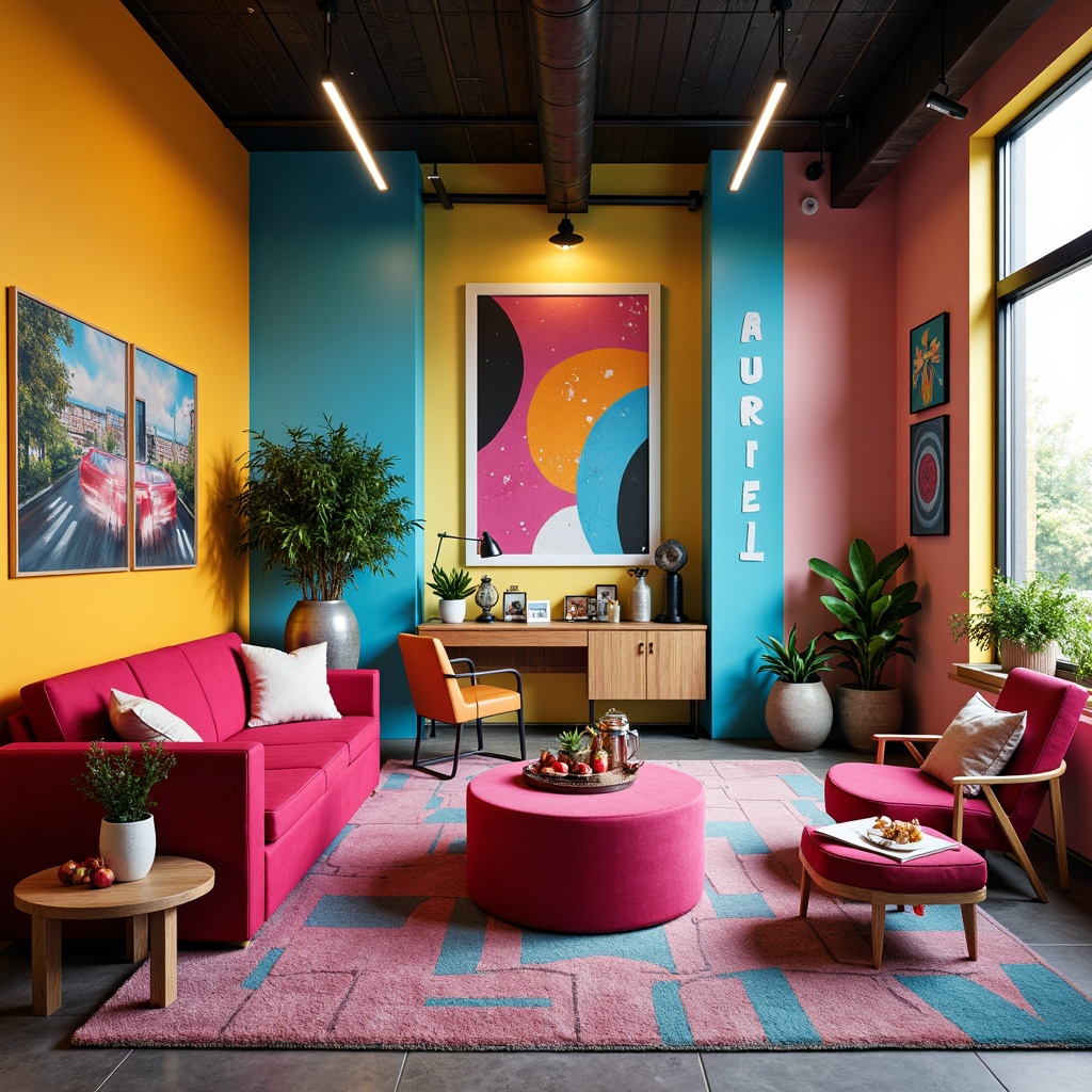 Prompt: Vibrant artistic studio, eclectic furniture, bold color blocking, pastel hues, neon accents, metallic finishes, rich textures, abstract artwork, geometric patterns, modern lighting fixtures, sleek lines, minimalist decor, natural materials, earthy tones, warm ambiance, softbox lighting, shallow depth of field, 1/1 composition, realistic renderings, ambient occlusion.