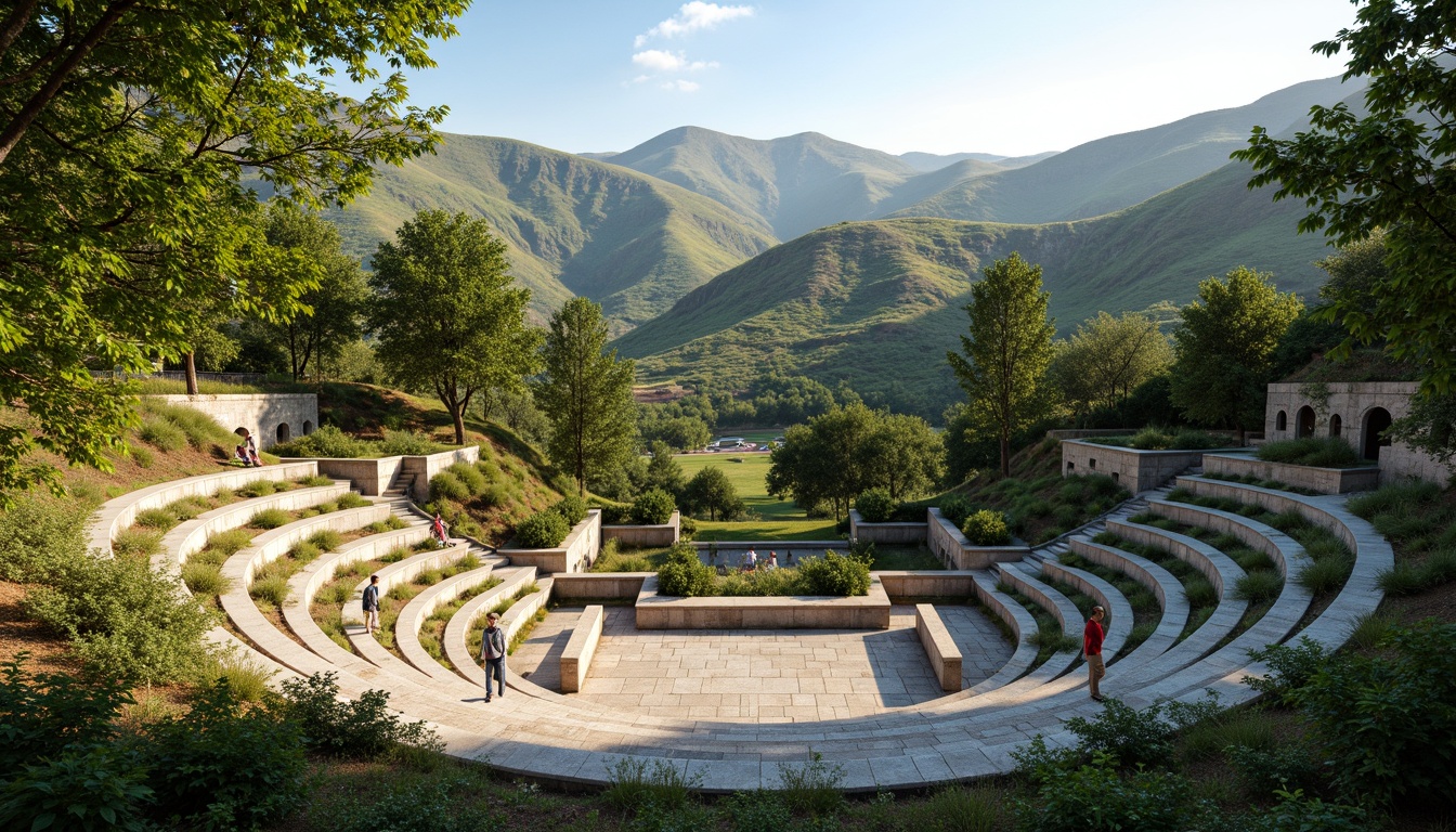 Prompt: Natural amphitheater setting, rolling hills, lush greenery, meandering pathways, scenic overlooks, tiered seating areas, curved retaining walls, native plant species, rustic stone accents, wooden benches, panoramic views, warm sunny day, soft diffused lighting, shallow depth of field, 3/4 composition, realistic textures, ambient occlusion.