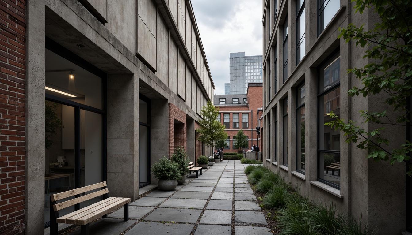 Prompt: Rough-hewn concrete walls, exposed ductwork, industrial metal beams, raw brick facades, brutalist campus buildings, rugged stone pathways, weathered wooden benches, distressed metal railings, urban landscape, overcast skies, dramatic shadows, high-contrast lighting, abstract compositions, moody atmospheric effects, realistic material textures, ambient occlusion.