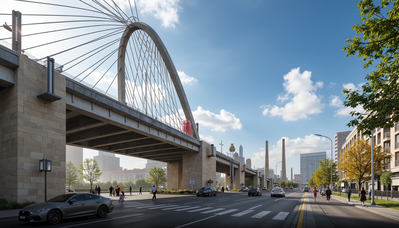 Prompt: Futuristic bridge design, sleek metal arches, durable steel cables, reinforced concrete pillars, weathered stone foundations, modern suspension systems, vibrant LED lighting, misty atmospheric effects, shallow depth of field, 3/4 composition, panoramic view, realistic textures, ambient occlusion, urban cityscape, busy highway traffic, sunny day, soft warm lighting.