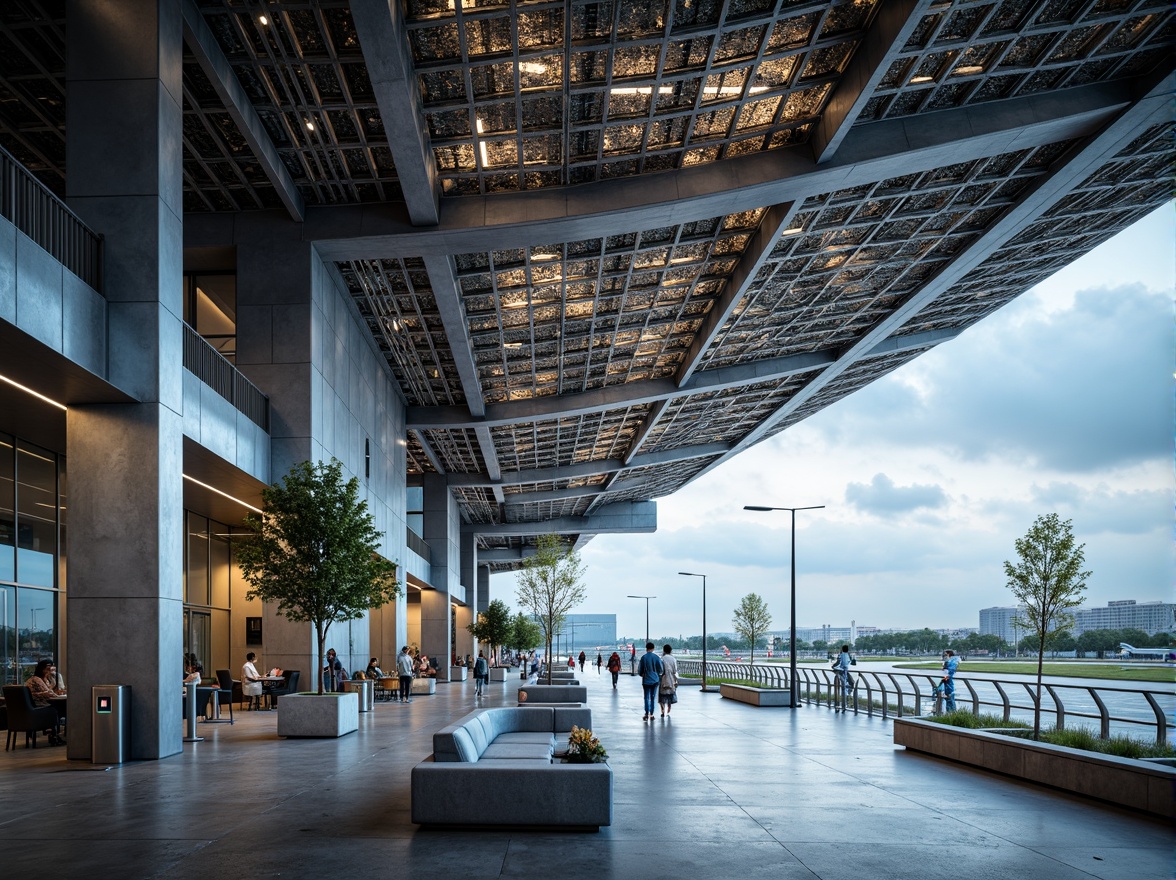 Prompt: Aerodynamic airport terminal, metallic latticework fa\u00e7ade, polished steel columns, exposed ductwork, industrial concrete floors, minimalist seating areas, futuristic LED lighting, dynamic angular lines, brutalist architecture, urban cityscape views, cloudy skies, soft diffused natural light, shallow depth of field, 1/1 composition, realistic reflective surfaces, ambient occlusion.