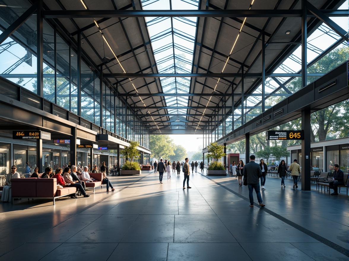 Prompt: Modern bus station interior, sleek metal framework, glass roofs, natural light pouring in, efficient passenger flow, clear signage, digital displays, comfortable seating areas, ample legroom, charging stations, minimalist decor, industrial-style flooring, urban atmosphere, busy morning commute, soft overhead lighting, shallow depth of field, 1/1 composition, realistic textures, ambient occlusion.