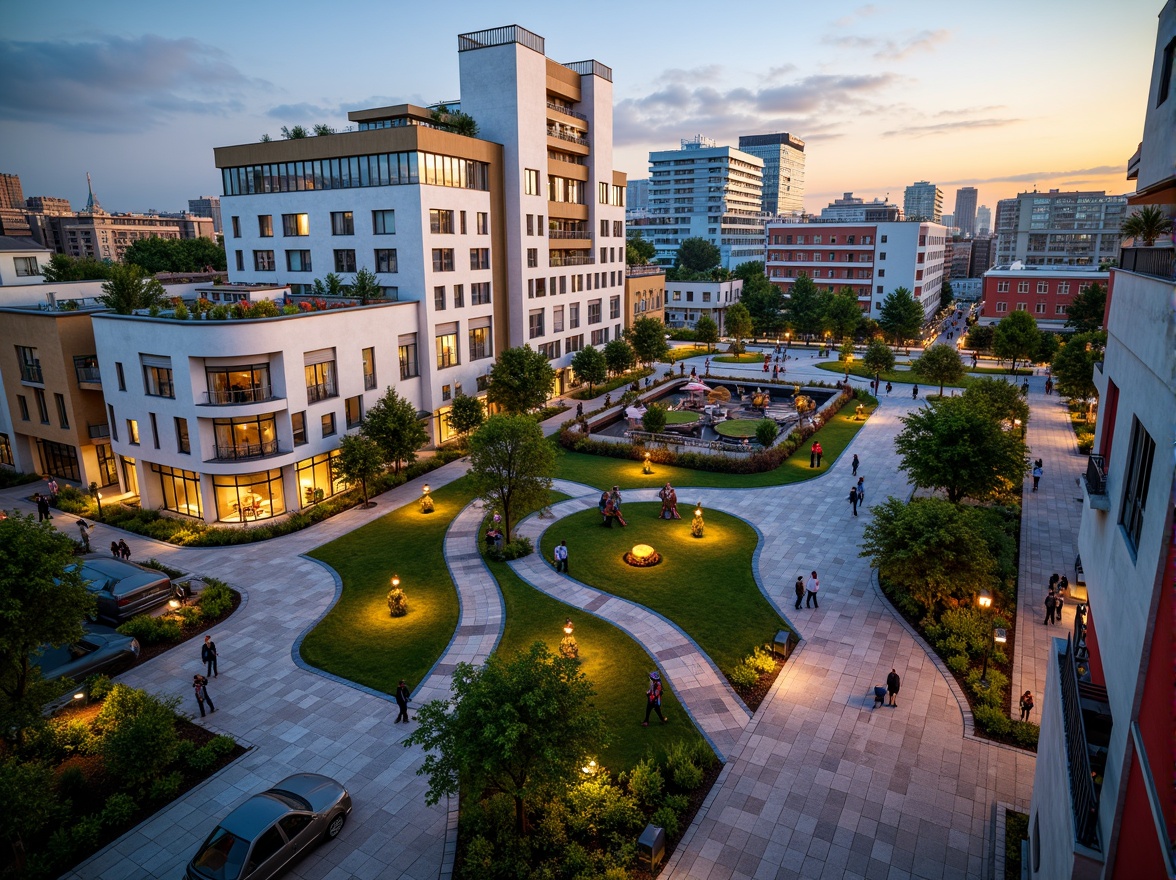 Prompt: Vibrant cityscape, eclectic postmodern buildings, irregular shapes, bold color schemes, playful textures, abstract sculptures, winding pedestrian paths, lush green roofs, urban gardens, bustling streets, dynamic streetlights, warm evening ambiance, shallow depth of field, 1/2 composition, cinematic view, realistic reflections, ambient occlusion.