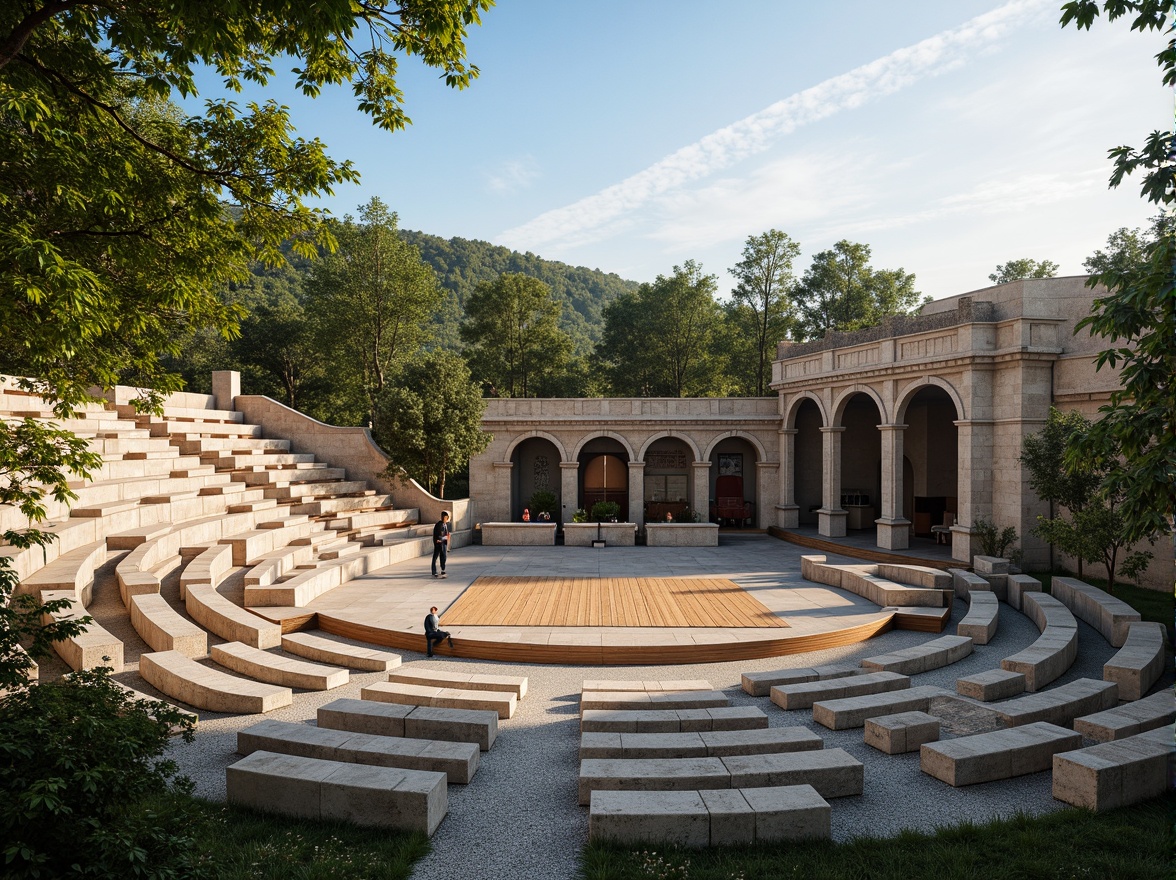 Prompt: Natural stone amphitheater, tiered seating, lush greenery surroundings, warm sunny day, clear blue sky, gentle breeze, sound-reflecting surfaces, optimized speaker placement, curved acoustic panels, wooden stage flooring, comfortable audience seating, intimate performance setting, soft warm lighting, shallow depth of field, 3/4 composition, panoramic view, realistic textures, ambient occlusion.