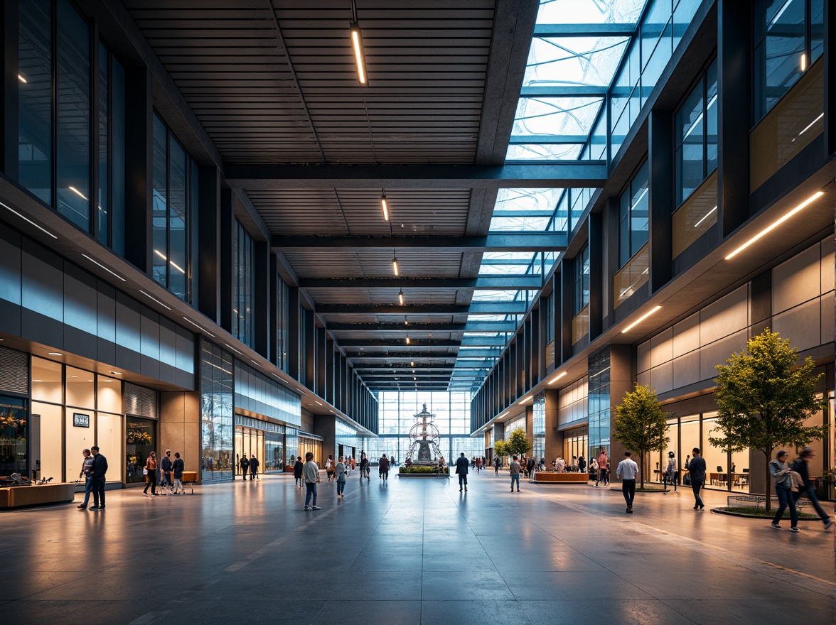 Prompt: Airport terminal, constructivist architecture, exposed steel beams, industrial chic, polished concrete floors, minimalist decor, modern LED lighting, suspended ceiling fixtures, linear fluorescent lights, warm ambient glow, softbox diffusers, high-ceiling atriums, natural daylight, clerestory windows, solar tubes, energy-efficient systems, futuristic ambiance, dynamic color changing effects, 3D modeling, realistic textures, shallow depth of field, panoramic view.