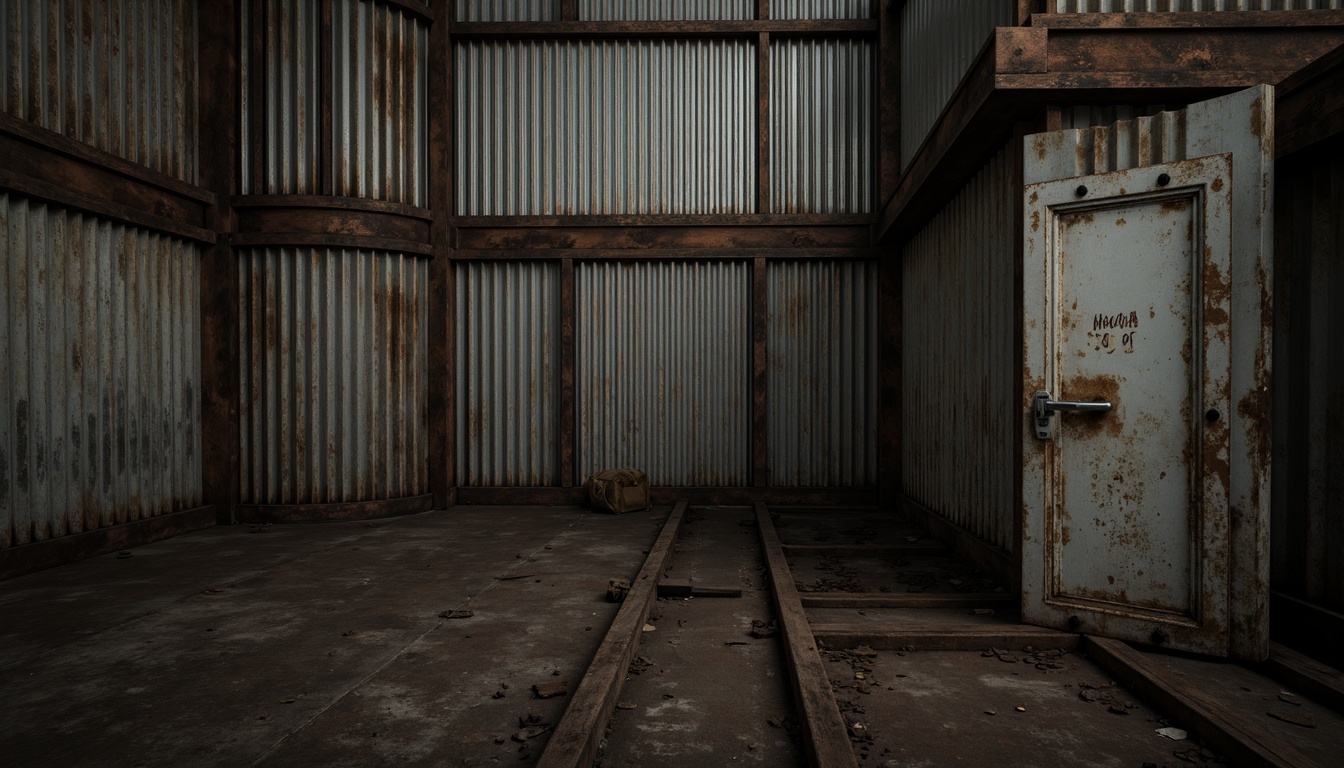 Prompt: Rustic industrial setting, corrugated metal walls, weathered steel surfaces, distressed finishes, metallic sheen, rugged textures, worn edges, bolted seams, mechanical details, urban decay, abandoned factories, old warehouses, dimly lit atmosphere, high contrast lighting, dramatic shadows, 1/1 composition, close-up shot, realistic reflections, ambient occlusion.