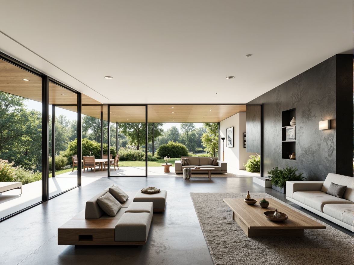 Prompt: Minimalist home interior, open-plan living space, sleek lines, monochromatic color scheme, natural light pouring in, floor-to-ceiling windows, sliding glass doors, polished concrete floors, minimalist furniture, low-profile sofas, geometric coffee tables, industrial-chic lighting fixtures, greenery accents, potted plants, airy atmosphere, shallow depth of field, 1/1 composition, soft warm lighting, realistic textures, ambient occlusion.