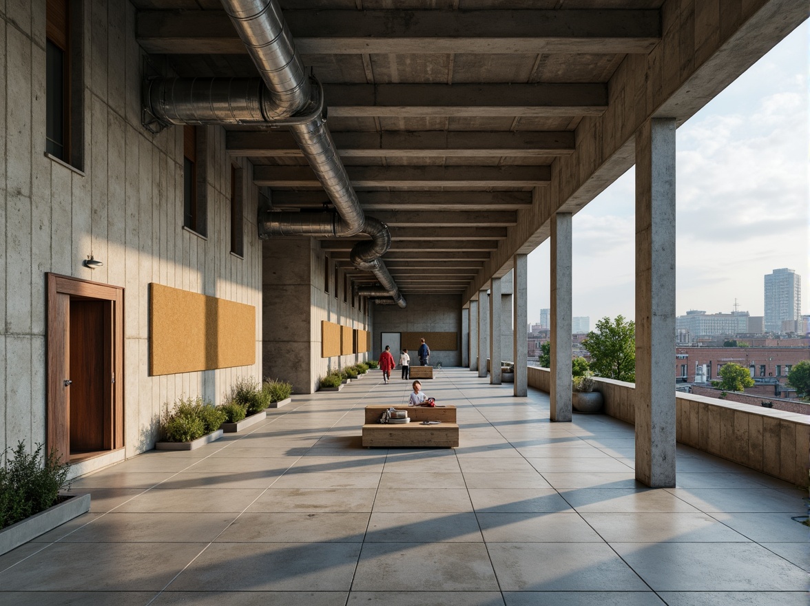 Prompt: Rugged brutalist school building, raw concrete walls, industrial metal beams, exposed ductwork, minimalist decor, functional architecture, earthy tone color palette, muted grays, weathered browns, industrial blues, warm beige accents, natural stone flooring, polished concrete surfaces, geometric patterns, urban landscape, overcast skies, dramatic shadows, high contrast lighting, 1/1 composition, symmetrical framing, realistic textures, ambient occlusion.