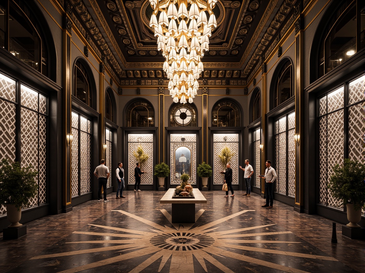 Prompt: Intricate geometric patterns, ornate metalwork, luxurious marble surfaces, grandiose statues, symmetrical compositions, opulent chandeliers, lavish mosaics, bold typography, stylized florals, zigzag motifs, chevron designs, sunburst patterns, metallic accents, polished chrome details, rich jewel tones, dramatic lighting effects, low-angle photography, cinematic atmosphere, high-contrast rendering, detailed textures, realistic reflections.