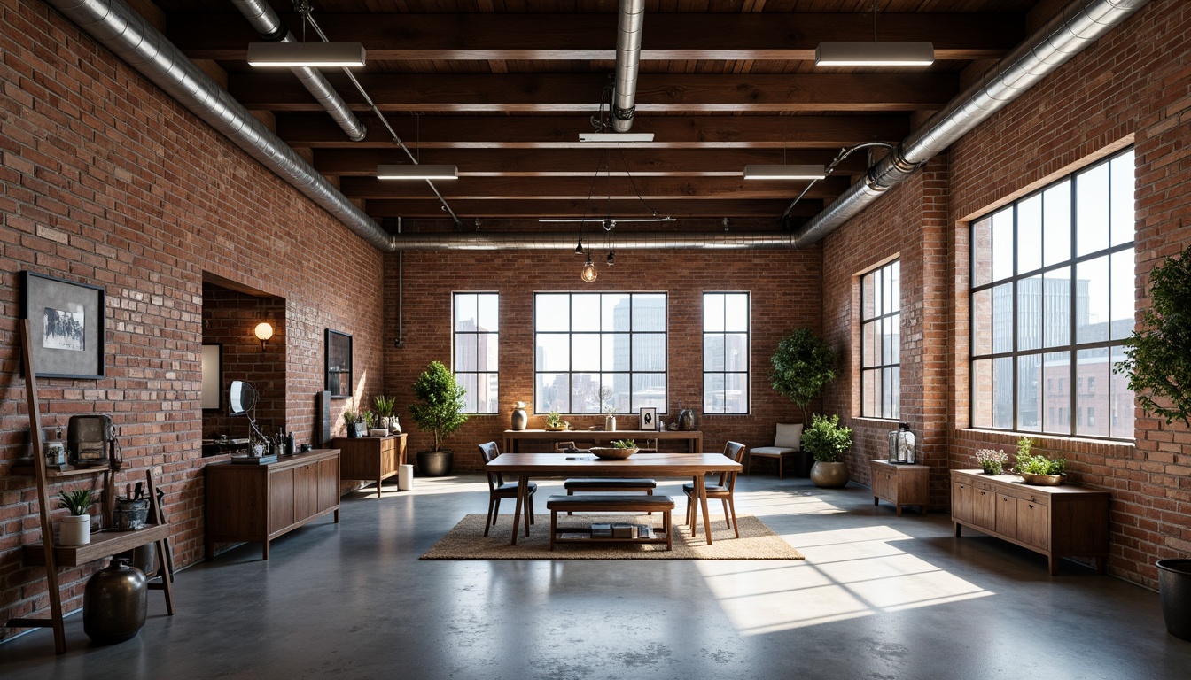 Prompt: Exposed brick walls, metal beams, reclaimed wood accents, industrial-style lighting fixtures, concrete floors, urban cityscape views, converted warehouse spaces, modern minimalist decor, functional pipes and ductwork, distressed textures, neutral color palette, high ceilings, open floor plans, eclectic vintage furniture, Edison bulb pendants, steel windows, brutalist architecture, dramatic shadows, low-key ambient lighting, 1/1 composition, realistic renderings.