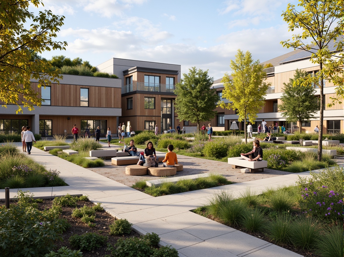 Prompt: Vibrant community center, modern architecture, green roofs, solar panels, natural stone walls, wooden accents, cozy seating areas, public art installations, lush landscaping, walking paths, playground equipment, outdoor fitness stations, picnic tables, benches, educational signs, community gardens, urban farming, vertical greening, soft warm lighting, shallow depth of field, 3/4 composition, panoramic view, realistic textures, ambient occlusion.