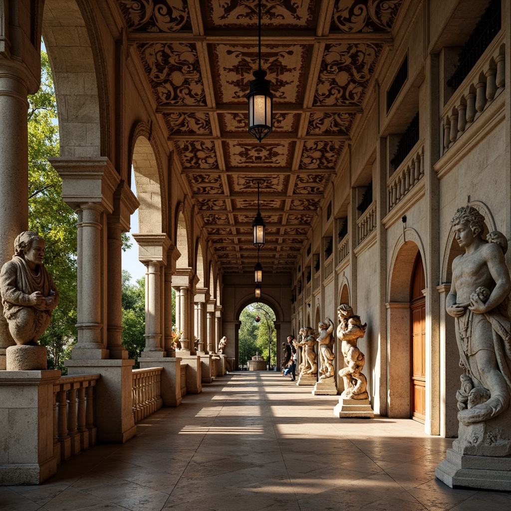 Prompt: Intricate stone carvings, ornate balustrades, grand arches, rustic stonework, weathered statues, mythological creatures, floral patterns, curved lines, ornamental lanterns, decorative railings, classical columns, carved keystones, rusticated quoins, symmetrical composition, warm golden lighting, soft focus, shallow depth of field, 2/3 composition, atmospheric perspective.