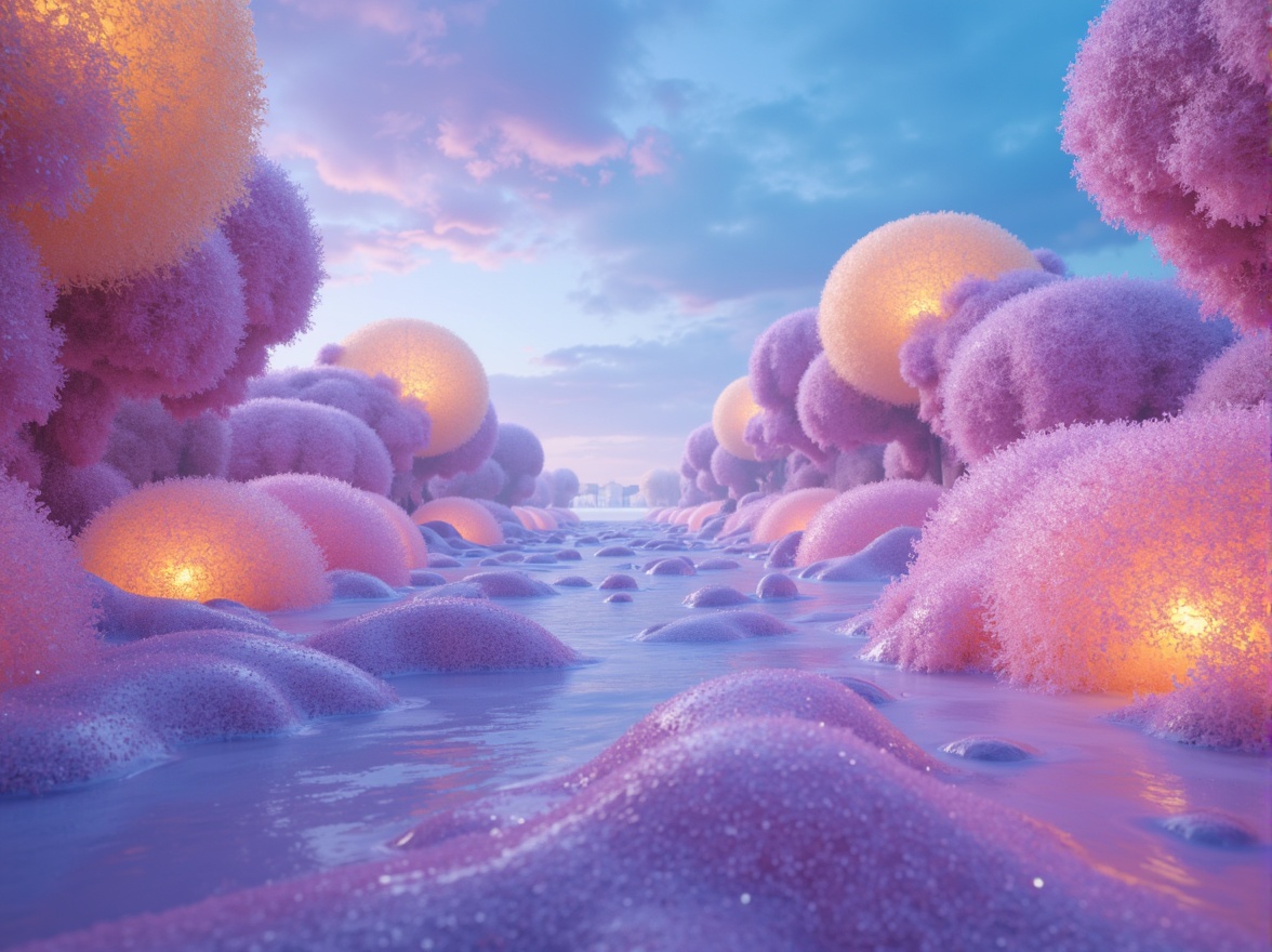 Prompt: Vibrant blob-like structures, iridescent colors, shimmering effects, neon hues, pastel shades, soft gradients, luminous accents, glowing orbs, futuristic ambiance, surreal landscapes, dreamy atmosphere, ethereal quality, misty backgrounds, subtle textures, 3D modeling, sci-fi elements, abstract patterns, holographic displays, LED lights, fiber optics, prismatic reflections, kaleidoscope colors, psychedelic vibes.