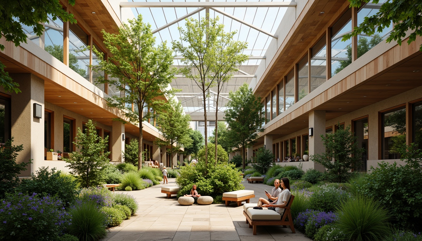 Prompt: Vibrant atrium, lush greenery, natural stone walls, wooden accents, floor-to-ceiling windows, clerestory windows, skylights, open floor plans, minimalist decor, earthy color palette, warm beige tones, soft diffused lighting, indirect sunlight, ambient shadows, 1/1 composition, shallow depth of field, realistic textures, subtle reflections.