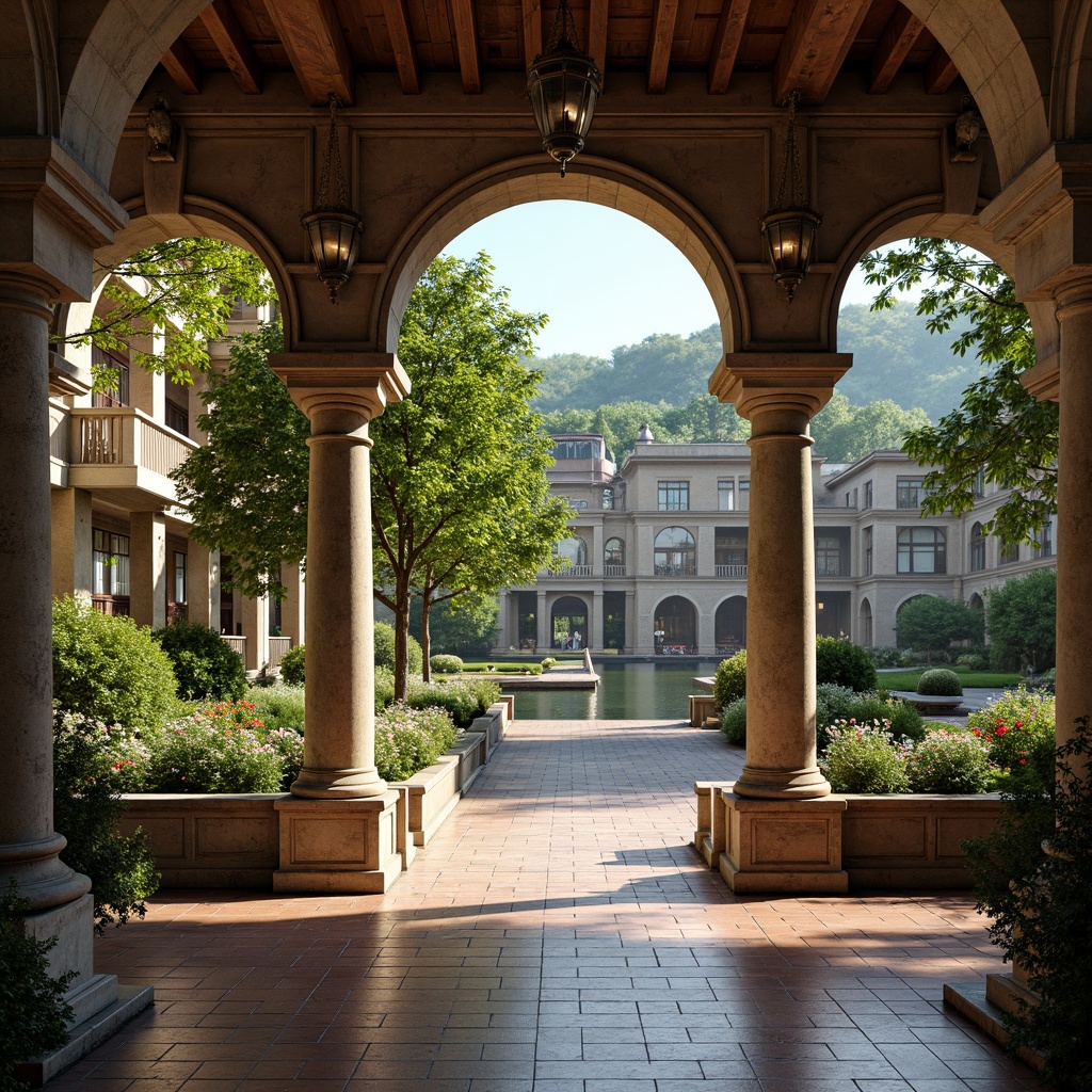 Prompt: Rustic stone archways, ornate carvings, grandiose bridges, serene water reflections, lush greenery, vibrant flowers, majestic pillars, classical balustrades, intricate stonework, weathered brick surfaces, ornamental lanterns, soft warm lighting, shallow depth of field, 3/4 composition, panoramic view, realistic textures, ambient occlusion.