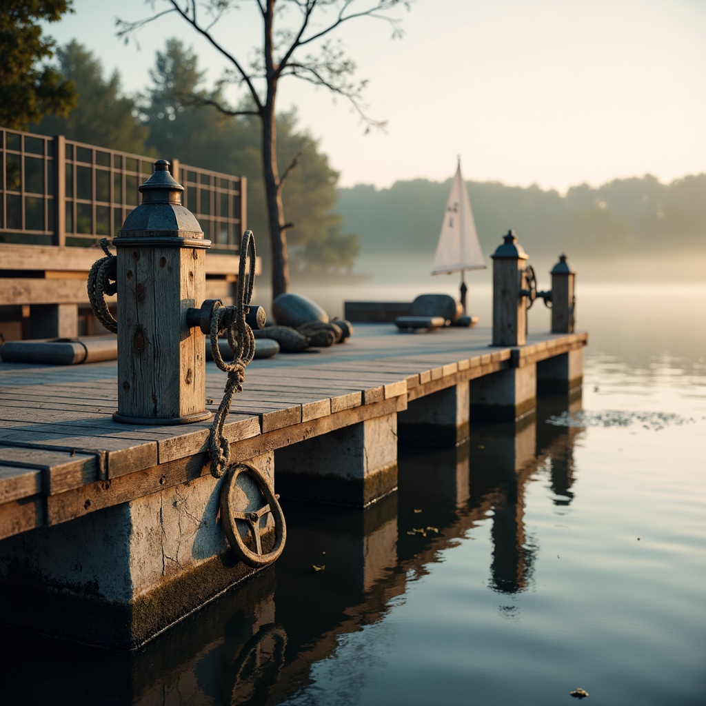 Prompt: Weathered wooden docks, rustic nautical ropes, vintage boat wheels, distressed metal lanterns, soft misty mornings, serene lake reflections, natural stone foundations, earthy brown wood accents, sky blue water hues, creamy white sailcloth textures, warm golden lighting, shallow depth of field, 1/1 composition, realistic wood grain details, ambient occlusion.