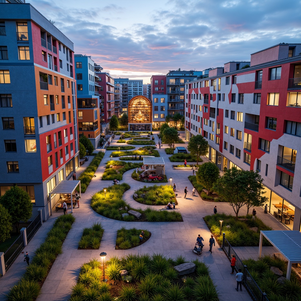 Prompt: Vibrant cityscape, eclectic postmodern buildings, irregular shapes, bold color schemes, playful textures, abstract sculptures, winding pedestrian paths, lush green roofs, urban gardens, bustling streets, dynamic streetlights, warm evening ambiance, shallow depth of field, 1/2 composition, cinematic view, realistic reflections, ambient occlusion.