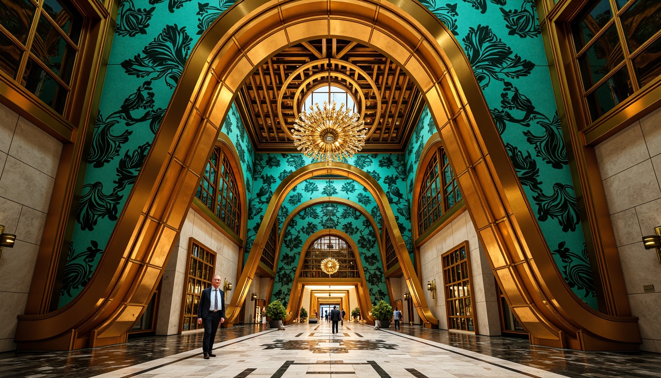 Prompt: Opulent Art Deco monument, lavish golden accents, rich bronze tones, vibrant turquoise mosaics, geometric patterns, ornate metalwork, luxurious marble surfaces, bold black outlines, stylized floral motifs, sunburst designs, zigzag patterns, metallic sheen, warm ambient lighting, shallow depth of field, 1/1 composition, symmetrical framing, high-contrast colors, intricate textures, realistic reflections.