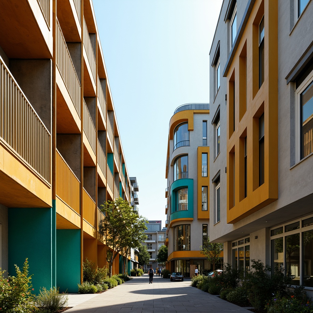 Prompt: Vibrant social housing complex, warm earthy tones, rich turquoise accents, bold yellow highlights, soft creamy whites, industrial metal frames, exposed concrete walls, modern minimalist architecture, urban cityscape backdrop, bustling community atmosphere, natural light pouring in, shallow depth of field, 1/1 composition, cinematic color grading, realistic textures, ambient occlusion.