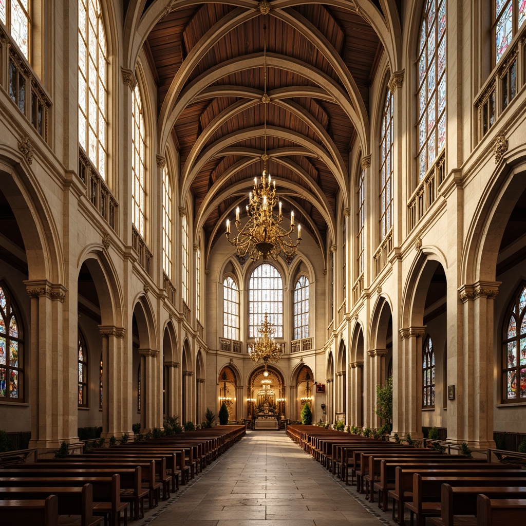 Prompt: Majestic cathedral, ornate stained glass windows, golden accents, rich wood tones, cream-colored stone walls, intricate carvings, vaulted ceilings, grandiose chandeliers, soft warm lighting, subtle shadows, 1/1 composition, symmetrical architecture, classical columns, arches, domes, subtle texture overlays, realistic reflections, ambient occlusion.