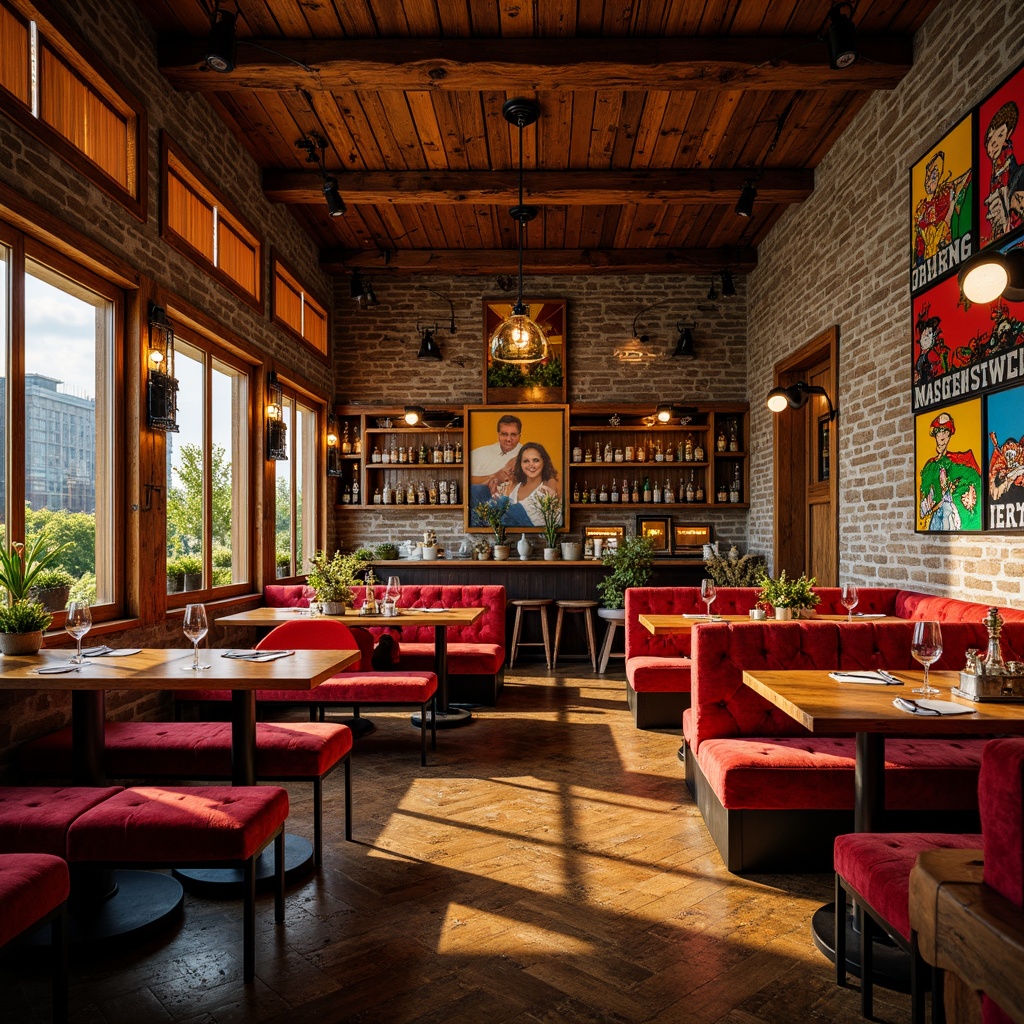 Prompt: Vibrant restaurant interior, rich wood textures, ornate metal fixtures, luxurious velvet fabrics, bold colorful patterns, eclectic decorative accents, distressed stone walls, reclaimed wooden tables, vintage industrial lighting, warm golden tones, dramatic shadows, high contrast ratio, cinematic composition, shallow depth of field, 1/2 camera angle, expressionist brushstrokes, abstract geometric shapes.