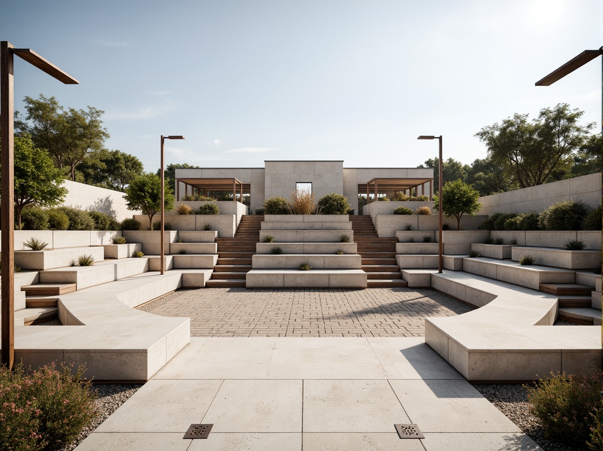 Prompt: Minimalist amphitheater, natural stone seating, sleek metal railings, polished concrete floors, simple wooden benches, subtle LED lighting, open sky above, warm sunny day, soft shadows, shallow depth of field, 3/4 composition, panoramic view, realistic textures, ambient occlusion, weathered steel accents, industrial-style lamps, geometric-shaped planters, sparse greenery, gravel pathways, modern minimalist architecture, clean lines, monochromatic color scheme.