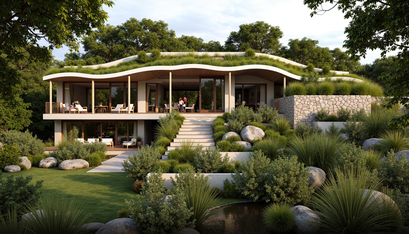 Prompt: Harmonious landscape integration, lush green roofs, native plant species, meandering walkways, natural stone walls, wooden decks, cantilevered overhangs, floor-to-ceiling windows, sliding glass doors, organic architecture, curved lines, earthy tones, sustainable design, eco-friendly materials, rainwater harvesting systems, grey water reuse, solar panels, wind turbines, shaded outdoor spaces, misting systems, serene ambiance, warm natural lighting, shallow depth of field, 3/4 composition, panoramic view.