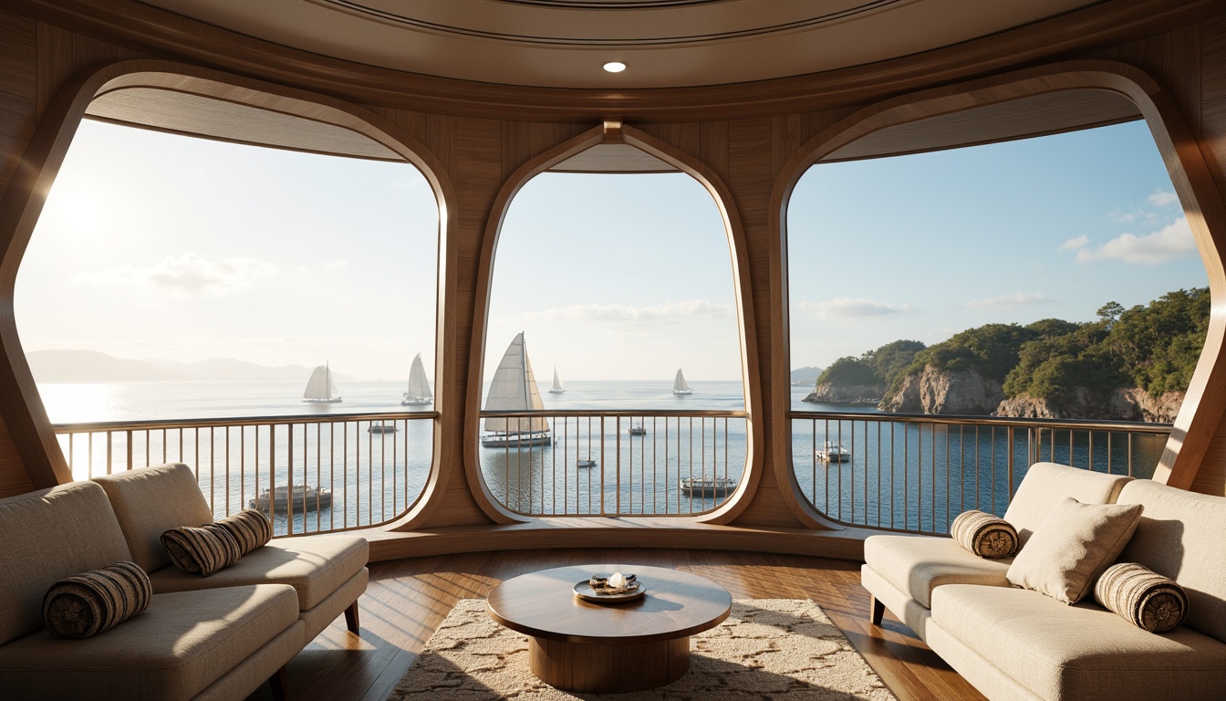 Prompt: Curved window frames, sleek metallic materials, minimalist ornamentation, horizontal emphasis, nautical inspirations, ocean views, sunny day, soft warm lighting, shallow depth of field, 3/4 composition, panoramic view, realistic reflections, ambient occlusion, Art Deco influences, geometric patterns, luxurious textiles, rich wood accents, subtle color palette, harmonious proportions.