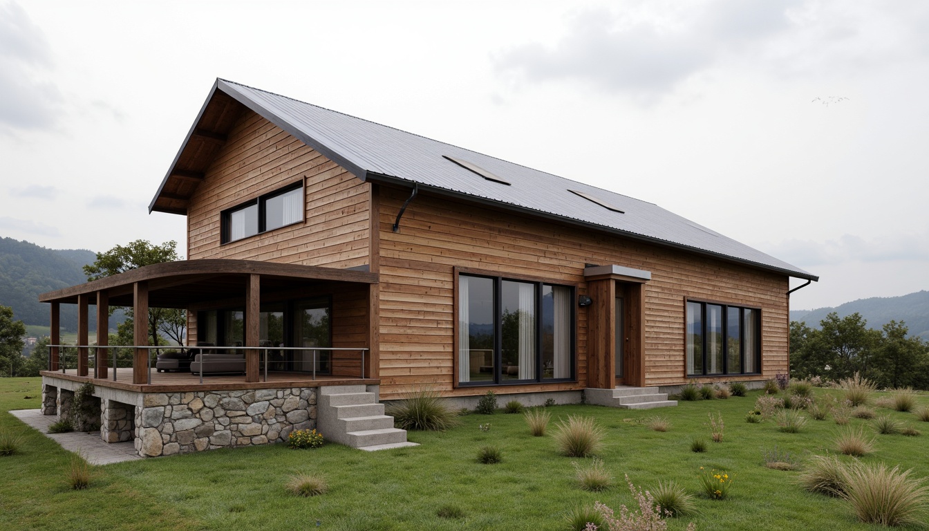 Prompt: Rustic barn, horizontal wooden boards, corrugated metal roofs, asymmetrical fa\u00e7ade, clean lines, minimal ornamentation, large windows, sliding glass doors, natural stone foundations, steel frames, industrial chic, rural landscape, rolling hills, serene countryside, overcast sky, soft diffused lighting, shallow depth of field, 2/3 composition, cinematic view, realistic textures, ambient occlusion.